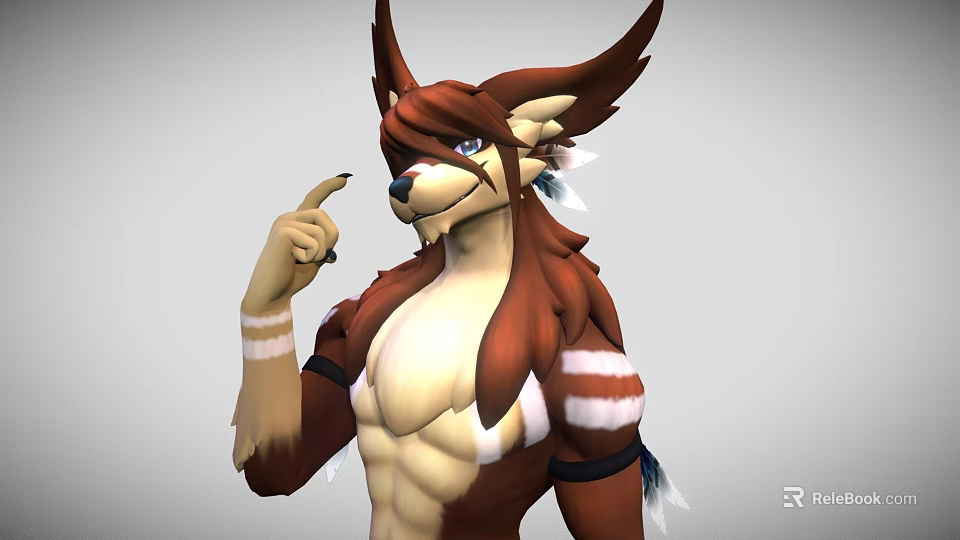 Tribal Style Battle Axe For Muscular 3D Character With Brown White Fur And Horns 3d model 