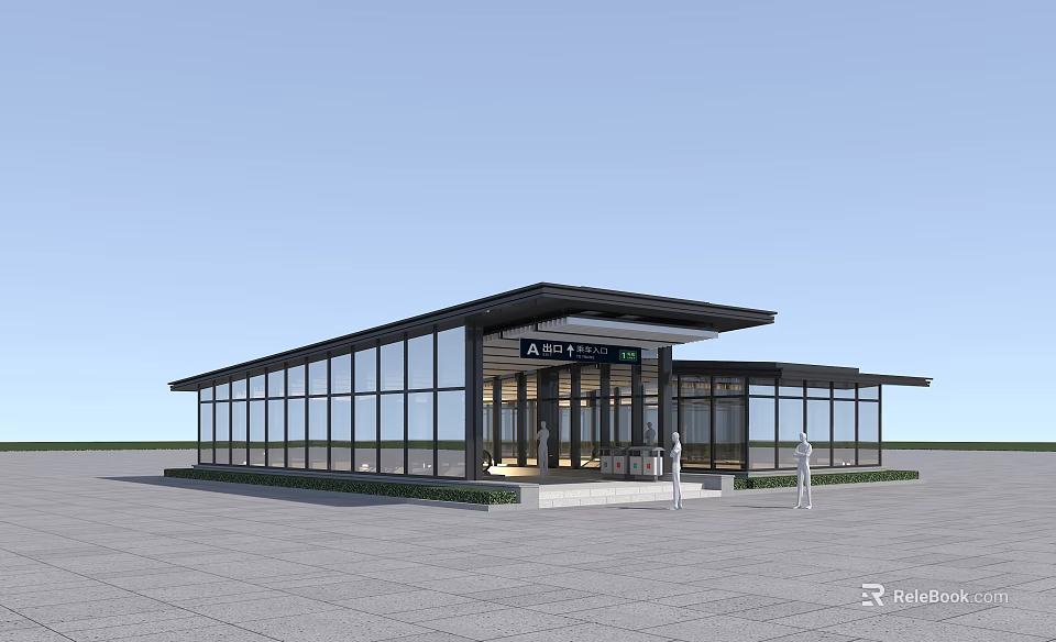 Modern Station Building with Glass Curtain Walls Black Roof and Open Plaza Area 3d model 