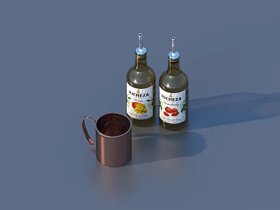 Daily Household Items Including Metal Mug And Two Flavored Bottles With Labels 3d model