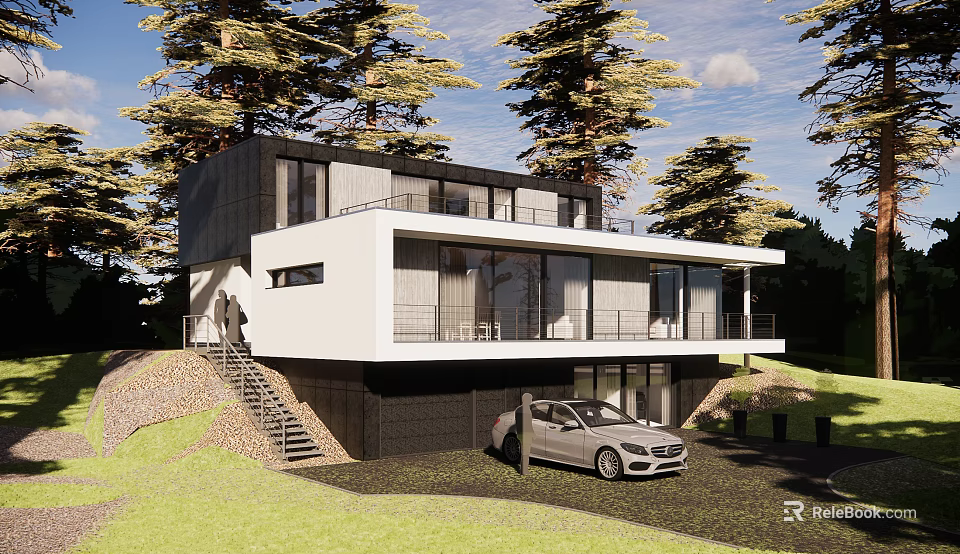 Modern Detached House Exterior With Trees Balcony Large Windows And Car Parking 3d model 