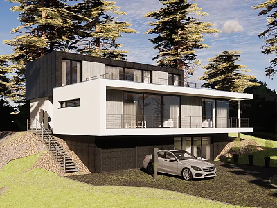Modern Detached House Exterior With Trees Balcony Large Windows And Car Parking 3d model