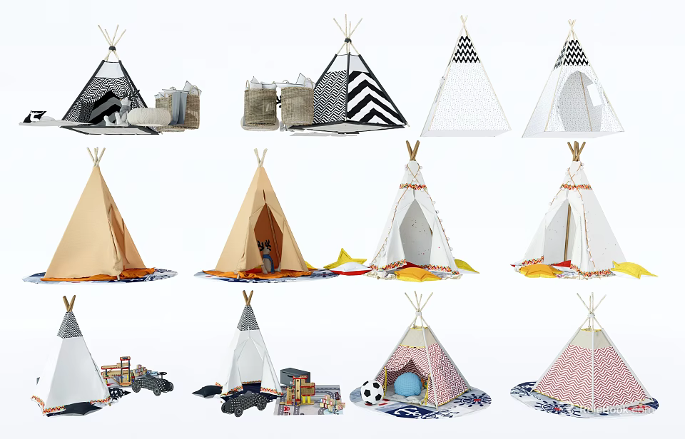 Colorful Teepee Tents With Various Patterns Decorative Details And Floor Mats Accessories 3d model 