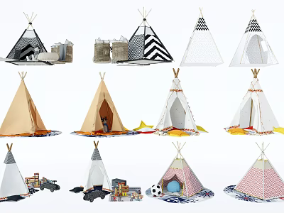 Colorful Teepee Tents With Various Patterns Decorative Details And Floor Mats Accessories 3d model