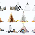 Colorful Teepee Tents With Various Patterns Decorative Details And Floor Mats Accessories