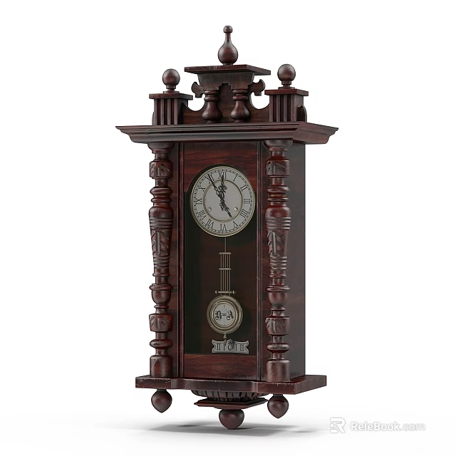 Vintage Wooden Mantel Clock With Carved Details Round Face And Pendulum 3d model 