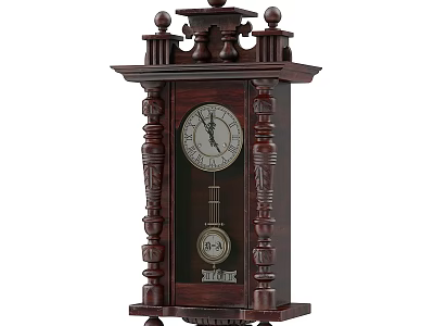 Vintage Wooden Mantel Clock With Carved Details Round Face And Pendulum 3d model