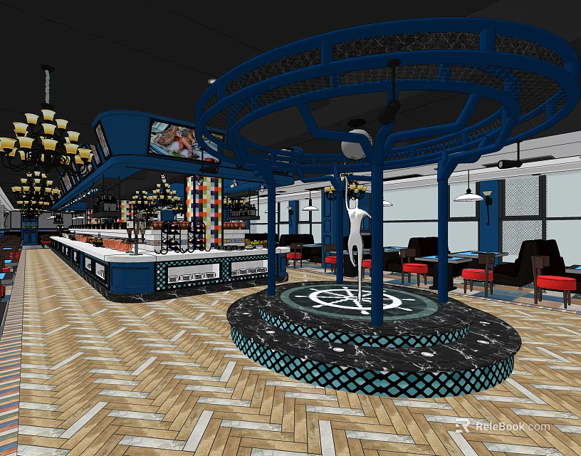 Modern Restaurant Interior Featuring Blue Decor Circular Central Structure Red Seats And Herringbone Flooring 3d model 