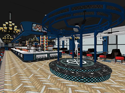 Modern Restaurant Interior Featuring Blue Decor Circular Central Structure Red Seats And Herringbone Flooring 3d model