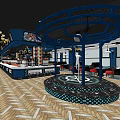 Modern Restaurant Interior Featuring Blue Decor Circular Central Structure Red Seats And Herringbone Flooring 3d model