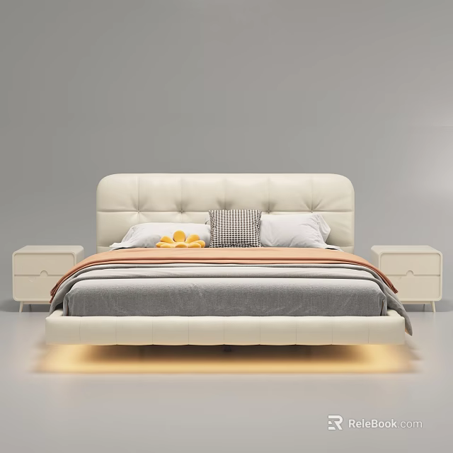 Modern White Double Bed With Upholstered Headboard Checkered Pillow And Nightstands 3d model 