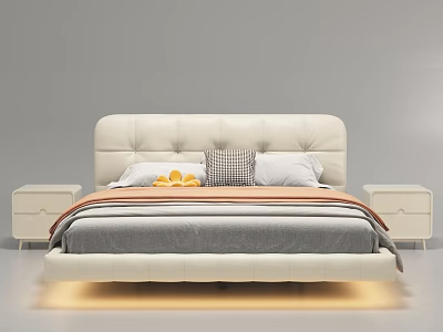 Modern White Double Bed With Upholstered Headboard Checkered Pillow And Nightstands 3d model