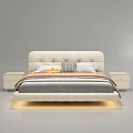 Modern White Double Bed With Upholstered Headboard Checkered Pillow And Nightstands