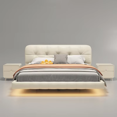 Modern White Double Bed With Upholstered Headboard Checkered Pillow And Nightstands 3d model