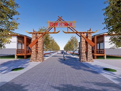 Chinese Scenic Entrance Gate Drifting Landscape Area Wood Stone 3d model