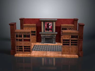 Classic Interior Scene With Wooden Fireplace Side Bookshelves Central Painting And Checkerboard Rug 3d model