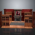 Classic Interior Scene With Wooden Fireplace Side Bookshelves Central Painting And Checkerboard Rug