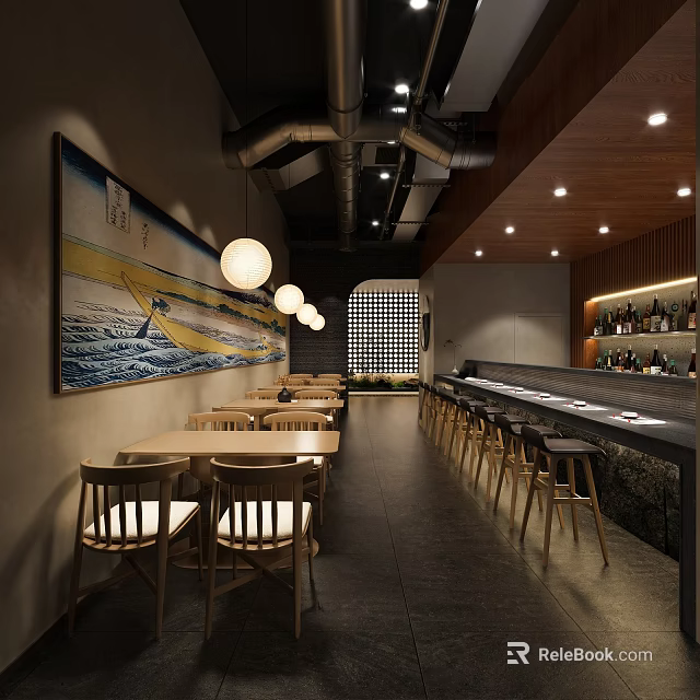 Mall Restaurant Café Interior With Wooden Tables Chairs Bar Counter Wall Painting Pendant Lights Wine Shelves 3d model 