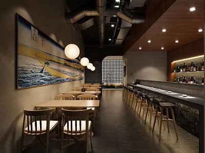 Mall Restaurant Café Interior With Wooden Tables Chairs Bar Counter Wall Painting Pendant Lights Wine Shelves 3d model