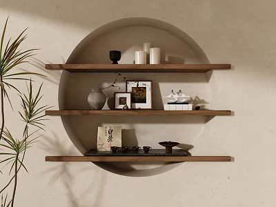 Elegant Ceramic Vessels Displayed on Wooden Shelves in Circular Niche with Photo Frame and Palm Leaves 3d model