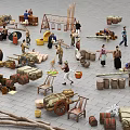 Ancient Marketplace Scene With Vendors Goods Barrels Carts Woven Items And Wooden Chairs
