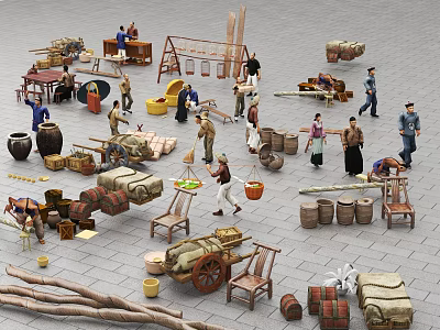 Ancient Marketplace Scene With Vendors Goods Barrels Carts Woven Items And Wooden Chairs 3d model