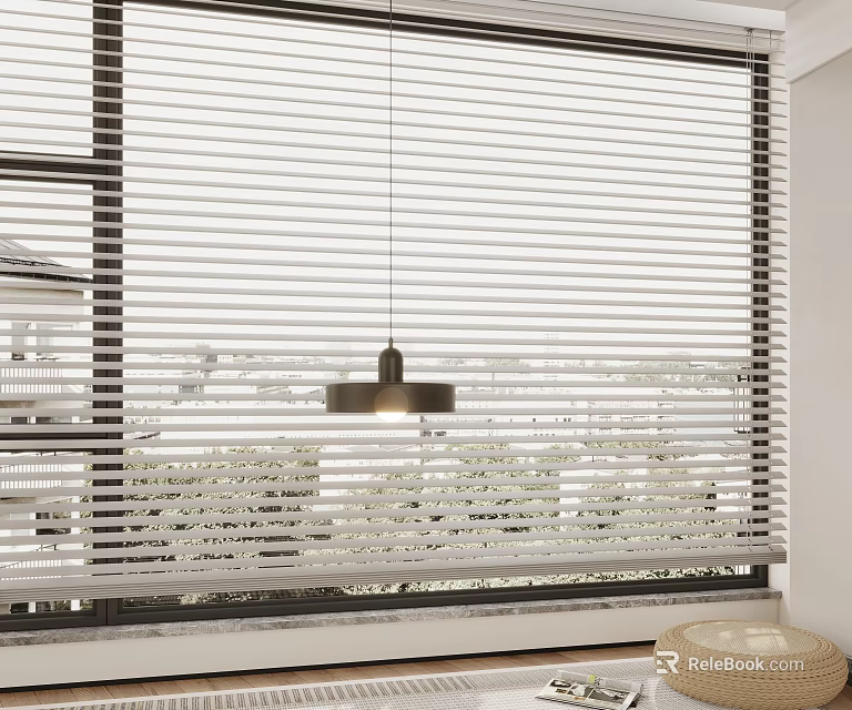 White Horizontal Window Blinds In Modern Room With Large Window And Pendant Light 3d model