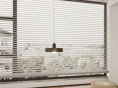 White Horizontal Window Blinds In Modern Room With Large Window And Pendant Light 3d model