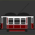Vintage Red Tram With Classic Design Overhead Wire And White Windows