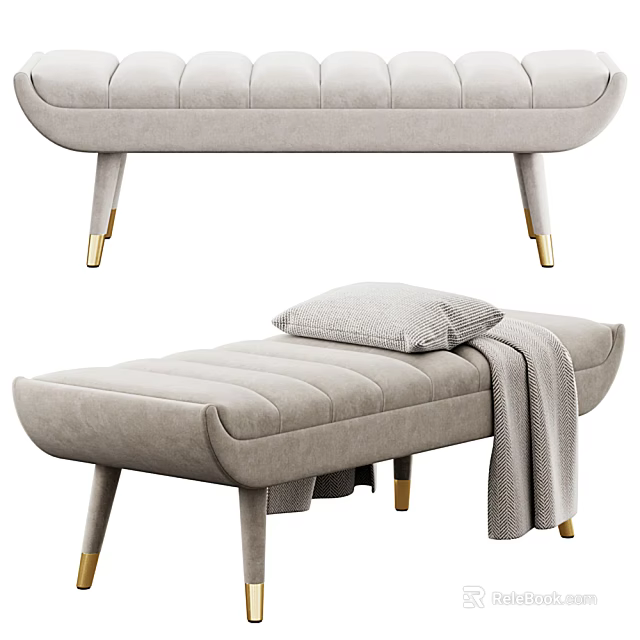 Modern Beige Fabric Ottoman With Gold Metal Legs Decorative Pillow And Throw Blanket 3d model 