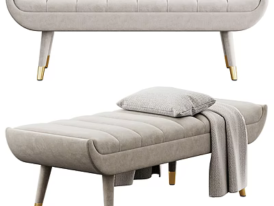 Modern Beige Fabric Ottoman With Gold Metal Legs Decorative Pillow And Throw Blanket 3d model