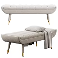 Modern Beige Fabric Ottoman With Gold Metal Legs Decorative Pillow And Throw Blanket