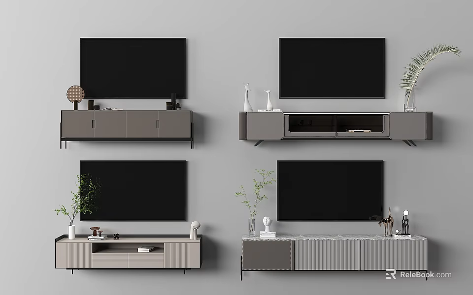Modern Floating TV Stand Designs With TV Screen Storage And Decorative Plants 3d model 