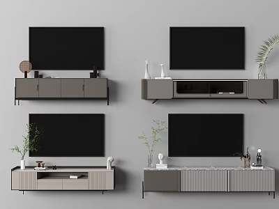 Modern Floating TV Stand Designs With TV Screen Storage And Decorative Plants 3d model