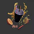 Refreshing Purple Cup Drink With Splashing Orange Liquid Orange Slices Ice Cubes And Striped Straw