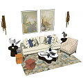 Stylish Sofa Coffee Table Set With Decorative Pillows Area Rug And Wall Art 3d model