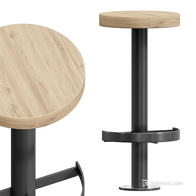 Modern Bar Stool With Wooden Round Seat Black Metal Frame And Footrest 3d model 