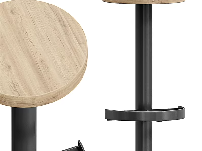Modern Bar Stool With Wooden Round Seat Black Metal Frame And Footrest 3d model