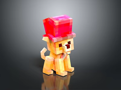 Pixelated Yellow Puppy Wearing Red Hat In 3D Digital Art Style 3d model