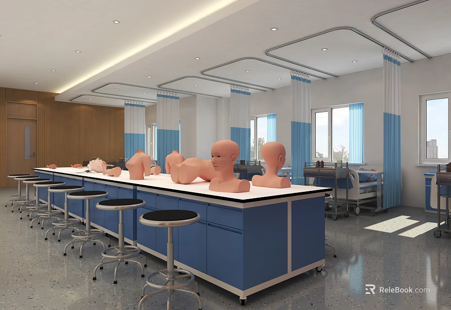 School Medical Training Room With Blue Workbench Mannequin Heads Stools And Equipment 3d model 