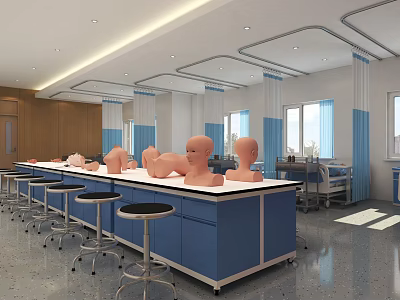 School Medical Training Room With Blue Workbench Mannequin Heads Stools And Equipment 3d model
