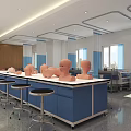 School Medical Training Room With Blue Workbench Mannequin Heads Stools And Equipment
