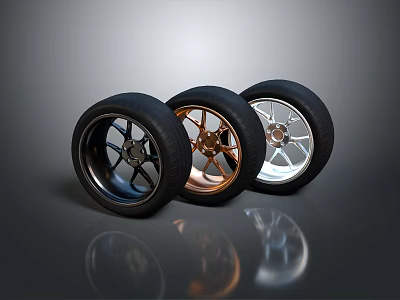 Shiny Car Tires with Black Gold and Silver Alloy Wheels Design 3d model