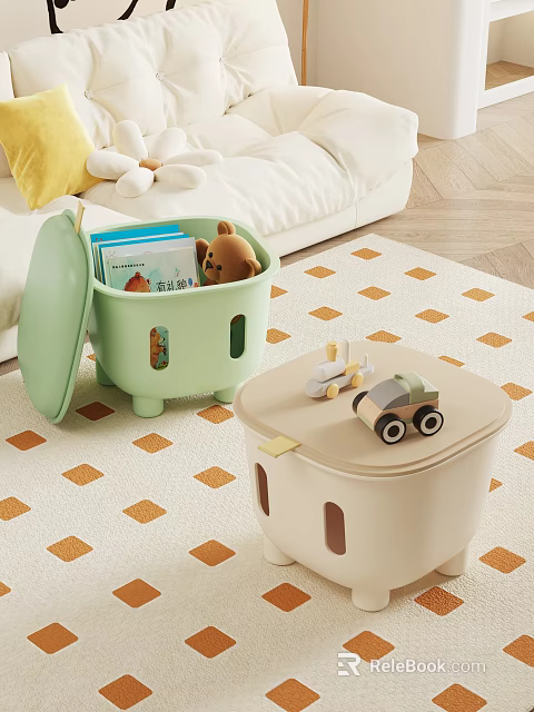 Storage Stools In Green Beige With Lid Storage Books Stuffed Toy And Toy Car 3d model 