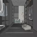 Modern Walk in Closet Interior Design With Glass Front Cabinets Seating Bench And Lighting Fixtures