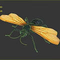 Insect with Blue Body and Yellow Transparent Wings Featuring Red Patterns on Dark Background