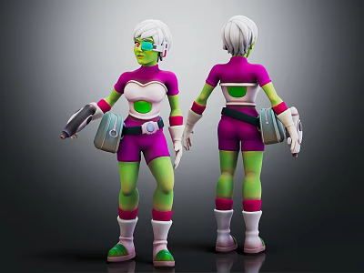 3D Character Design Featuring White Hair Green Skin Pink Green Outfit Device Front Back View 3d model