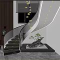 Modern Interior Staircase Design With Glass Railing Wooden Accents Stone Sculpture And Hanging Lights