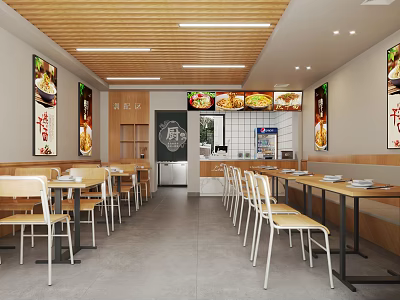 Casual Dining Restaurant With Wooden Ceiling Long Tables Food Posters Blackboard Menu And Order Counter 3d model