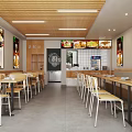 Casual Dining Restaurant With Wooden Ceiling Long Tables Food Posters Blackboard Menu And Order Counter