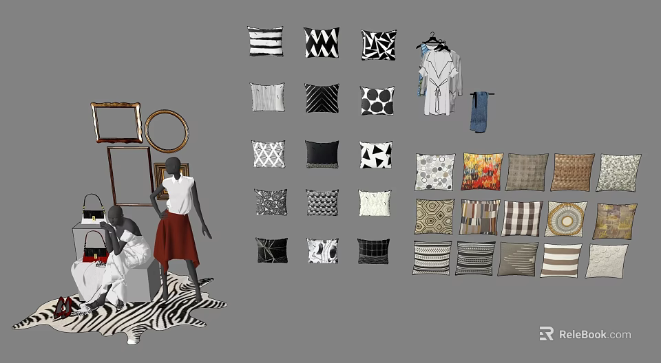 Assorted Decorative Pillows With Various Patterns For Home Interior Design 3d model